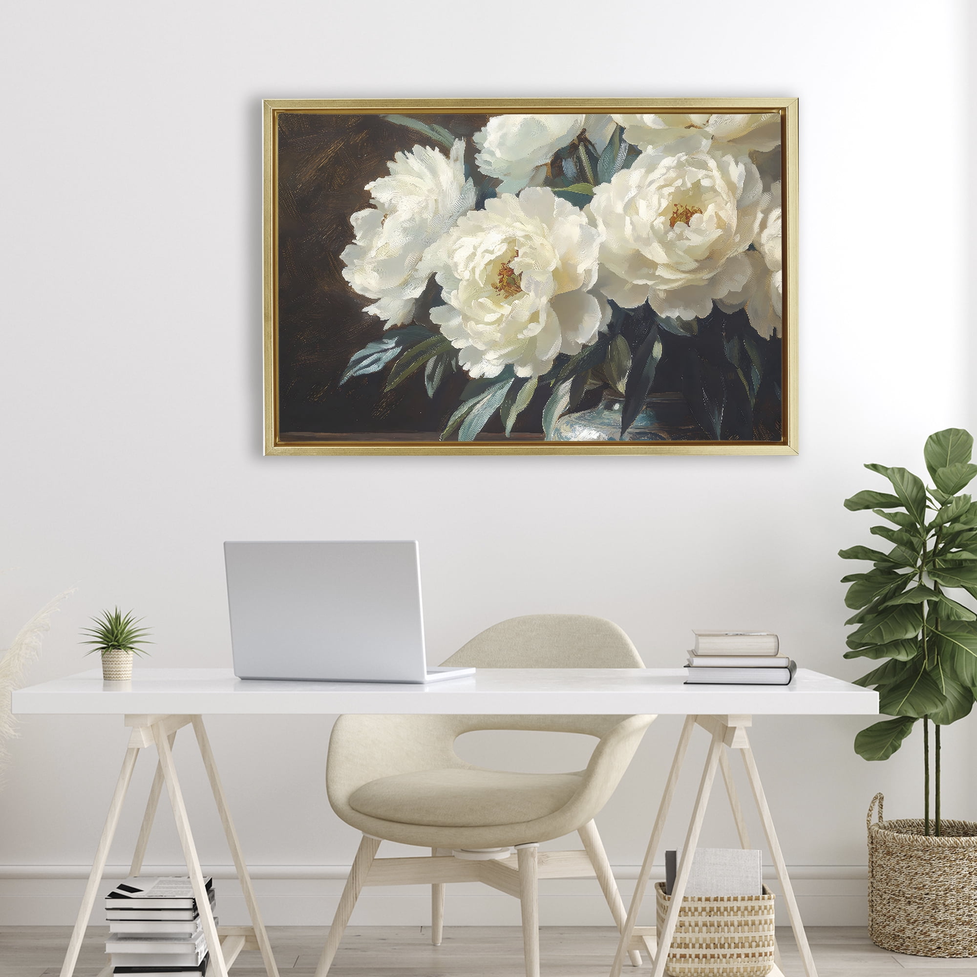 Stupell Industries Large Moody White Floral Gold Framed Floater Canvas Wall Art, design by Petal Prints Design