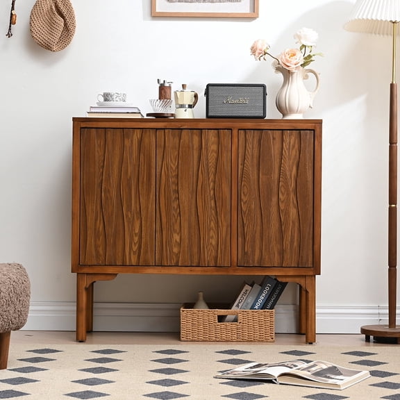 Ahokua Mid-Century Modern Sideboard with Wave Doors, 1 Adjustable Shelf for Entryway, Living Room and Dining Room, Walnut Brown