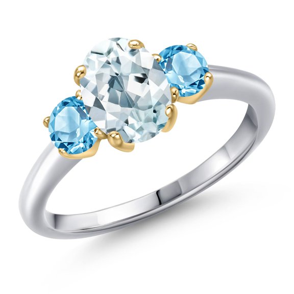 Gem Stone King 925 Silver and 10K Yellow Gold Sky Blue Aquamarine and Swiss Blue Topaz Engagement Ring for Women | 1.91 Cttw | Oval 8X6MM | Gemstone March Birthstone | Size 6