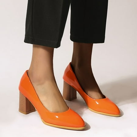 

Cathalem Size 11 Wide Heels Ladies Fashion Solid Color Bright Leather Pointed Shallow Mouth Thick Platform Work Shoes for Women Orange 9