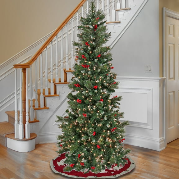 National Tree Company 7.5 ft. Pre-Lit Artificial Meadowlark Pencil Slim Christmas Tree, Green, Flocked, Red Berries, 750 Clear Lights, Includes Stand