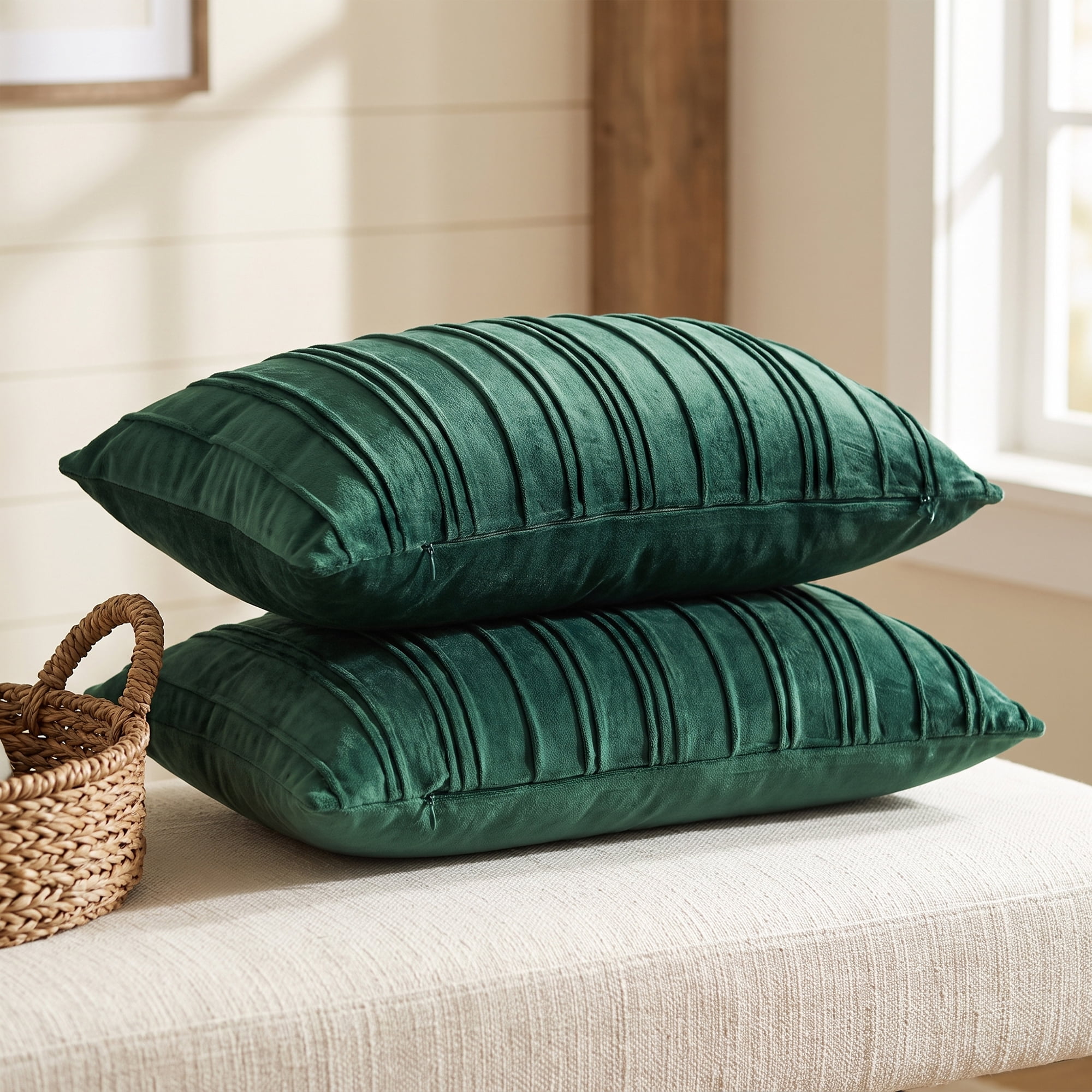Unique Bargains 2Pcs Textured Throw Pillow Covers Couch Cushion Cases Dark Green 20"x12"