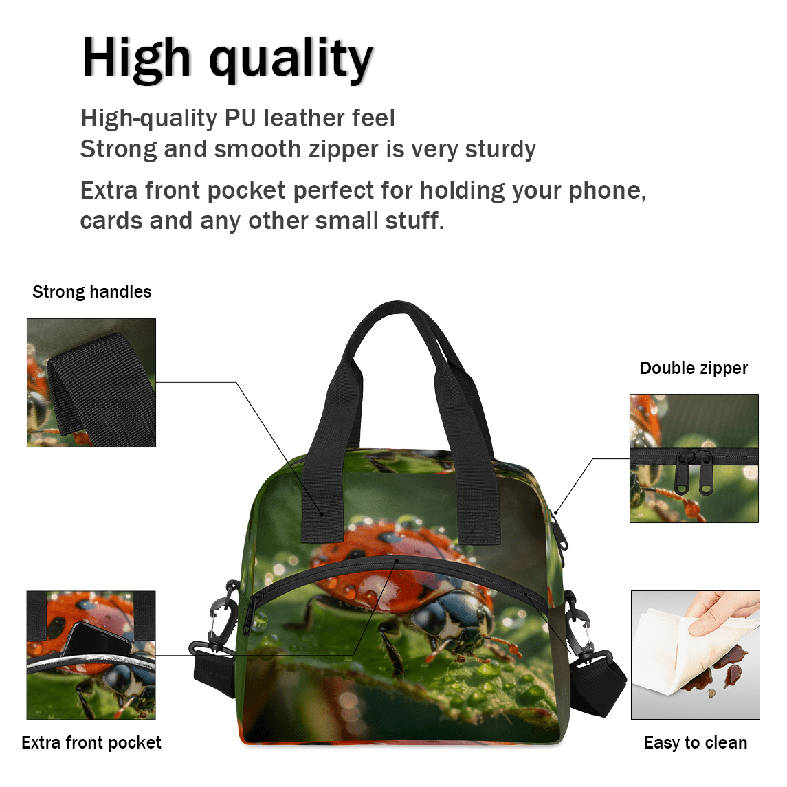 Herdesigns Leaf ladybugs Insulated Lunch Bag for Women Men Adults Large Reusable Lunch Box Red Ladybugs Leakproof Cooler Tote Bags with Adjustable Shoulder Strap