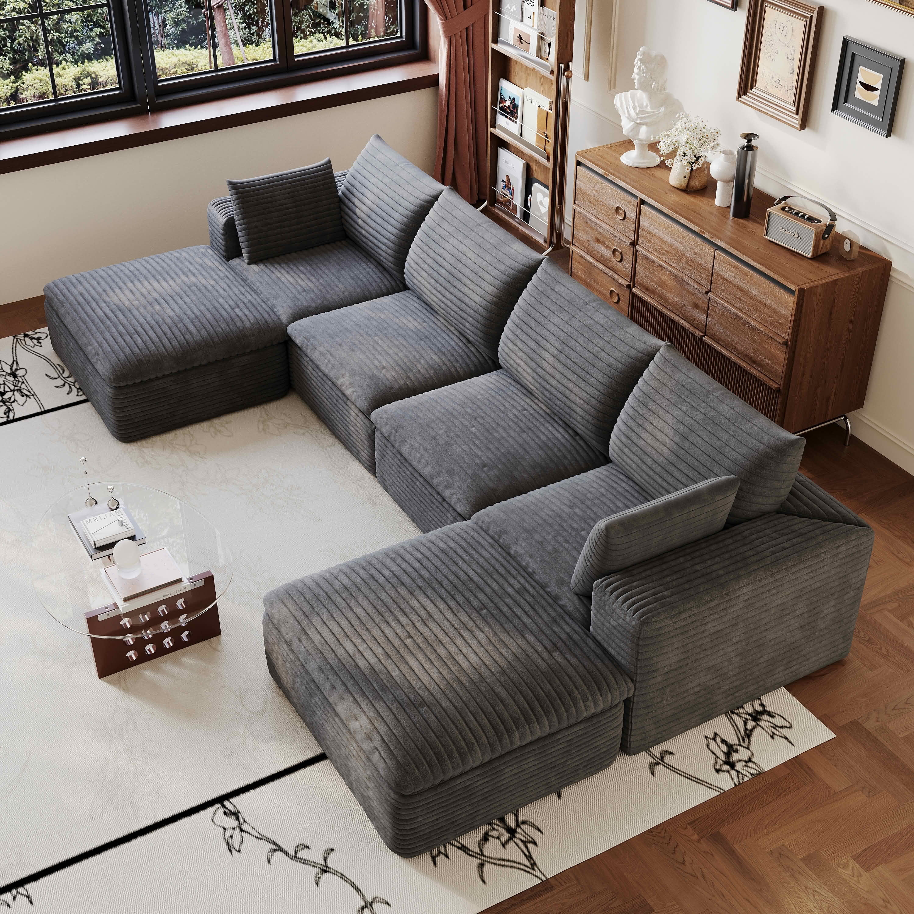 MAYEERTY 134 Inch Corduroy Cloud Floor Sofa, Modular Couch with Detachable Double-Layer Cushion, No Assembly Furniture for Home & Office