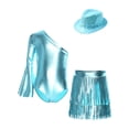 thumbnail image 6 of iixpin Girls Disco Bodysuit Set, 3-Piece Dance Outfit with Fringed Skirt & Sequined Hat Blue 16, 6 of 7