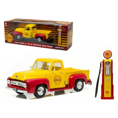 1953 Ford F-100 Pickup Truck  Shell Oil with Vintage Gas Pump 1/18 Diecast Model Car by