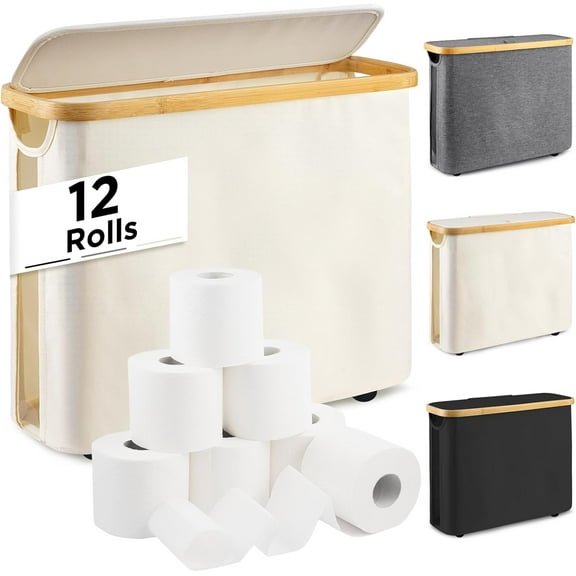 Toilet Paper Storage, Toilet Paper Basket Organizer for Bathroom, Toilet Paper Storage Holder Stand with Lid, Free Standing Holder up to 12 Mega Rolls,Beige