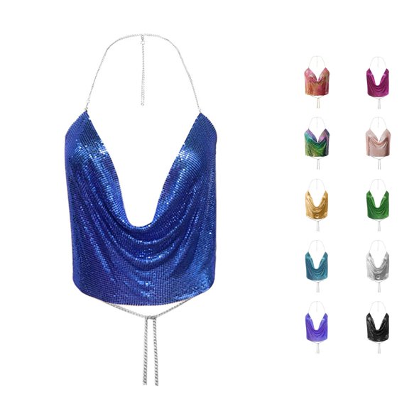 Xiaoxatg Tank Tops for Women, Women's Tanks Fashionable Beaded Chain Print Sleeveless Backless Crop Top for Nightlife and Clubwear Blue L