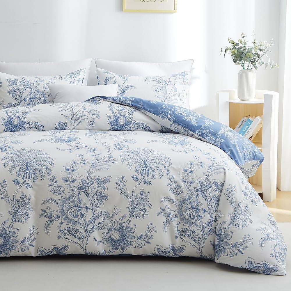 JOLUSERE Blue White Floral Leaves Queen Comforter Sets, 3 Pieces Botanical Plants Reversible Bedding Sets for Adults