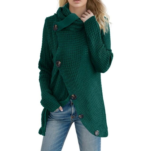 GDREDA Chandails à Col Roulé pour Femmes Automne 2024 Manches Longues Asymétriques Tricot Chandails Vert Foncé, TG