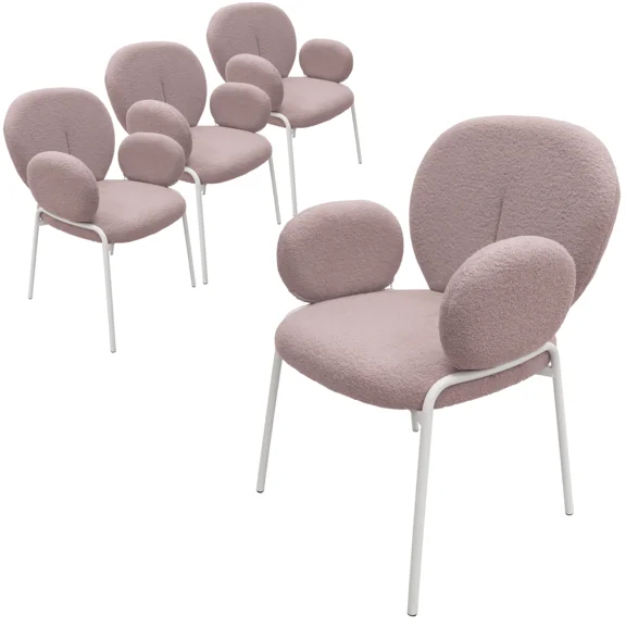 LeisureMod Celestial Dining Arm Chair in Boucle with White Iron Frame Set of 4