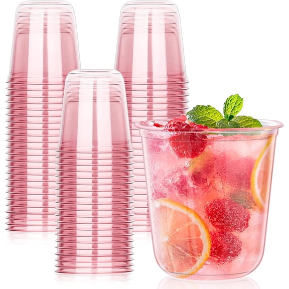 100 Pcs Pink Plastic Cups, 12oz Disposable Stemless Wine Glasses for Cocktail Cute Clear Cocktail Wine Glasses Pink Party Cups for Meeting Wedding Christmas Holiday Party