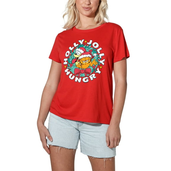Garfield And Odie Christmas Holly Jolly Hungry Women's Loose T-Shirt, Red, Small