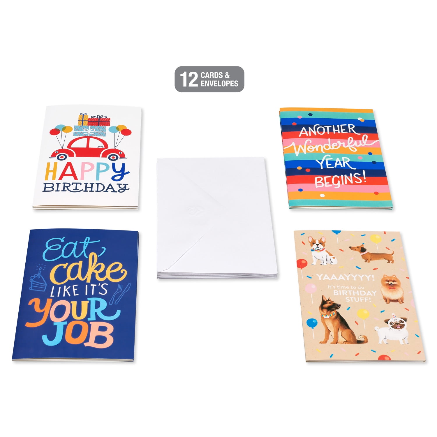 American Greetings Birthday Card Boxed Assortment for Anyone, 4 Designs, Dogs, Birthday Icons Muti-Colored (12-Count)