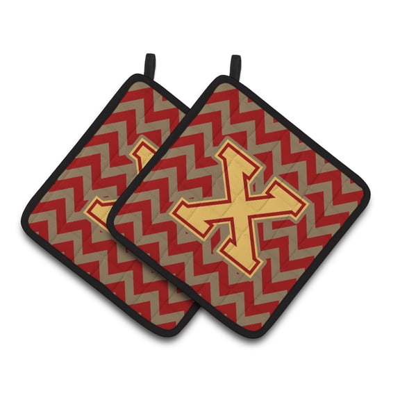 Letter X Chevron Garnet and Gold Pair of Pot Holders