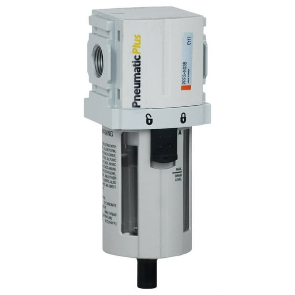 PneumaticPlus Filtre à Air Comprimé PPF3-N02B, 1/4 Pouces NPT (Haut Débit), 5 Microns, Bol en Poly, Vidange Manuelle, Support