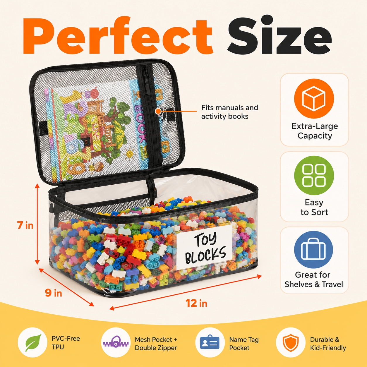 HBK 6 Pack Clear Toy Storage Bags with Handles, Zippered Organizer Bins for Puzzles Board Games Legos, Playroom Storage Containers with Label