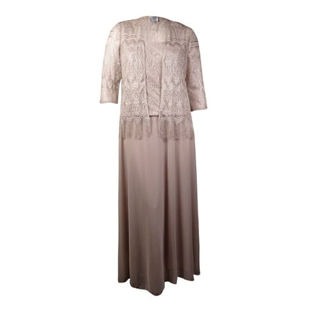 Patra Women's 2PC Metallic Lace Chiffon Dress Jacket Set (10, Oyster)