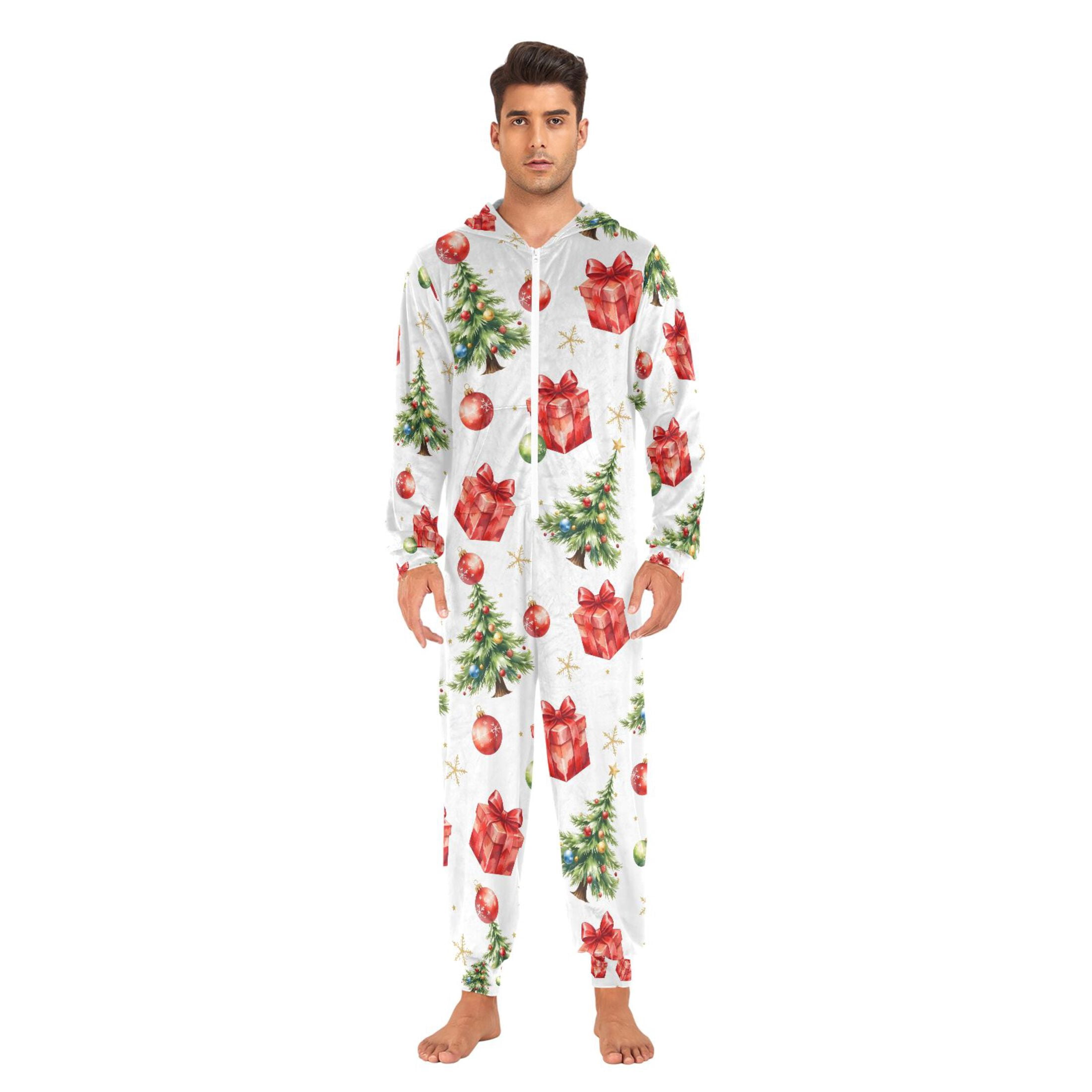 Adult Christmas Onesie Snowflake Christmas Tree Adult Zipper One-Piece Pajamas Unisex Pajamas with Pockets