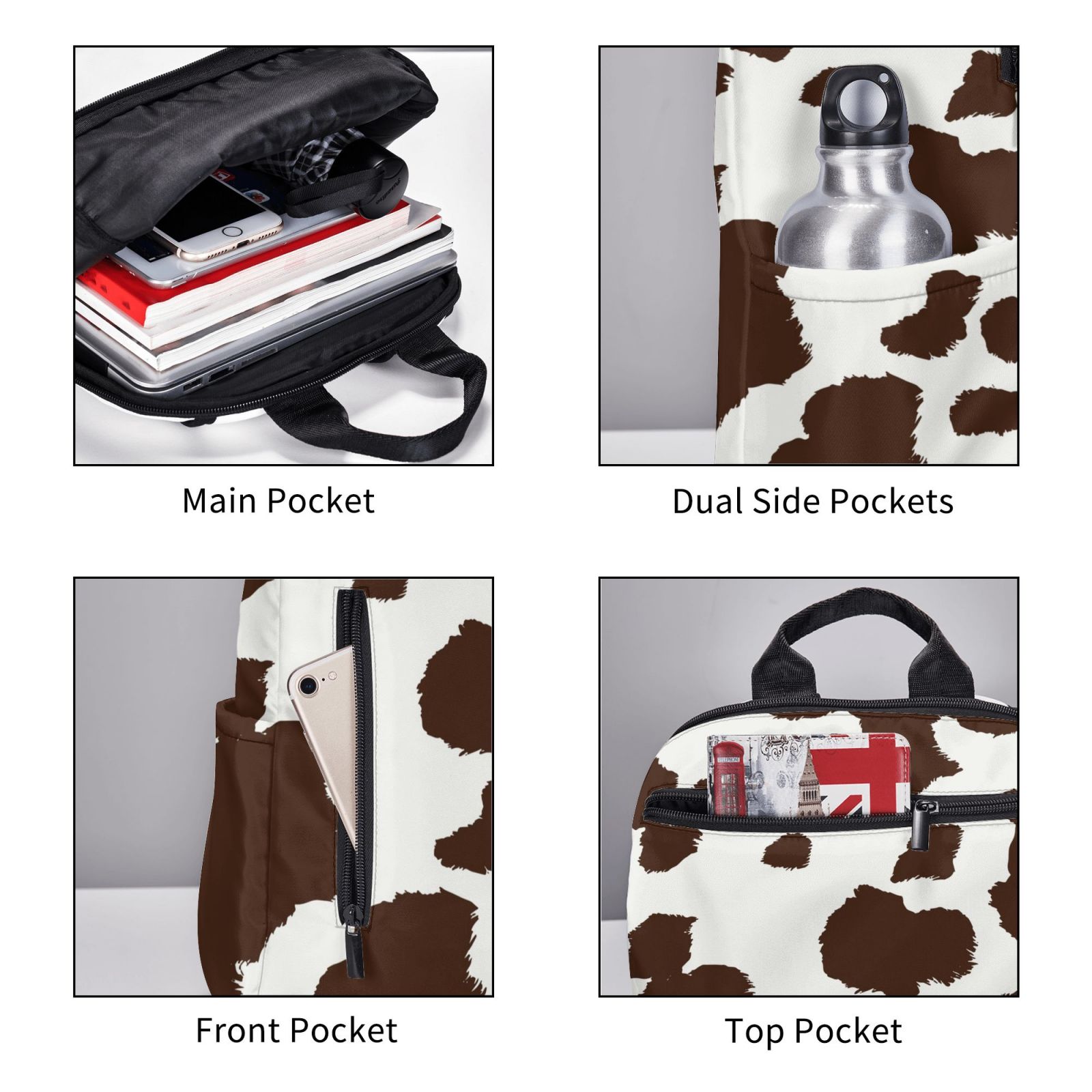 Xecao Brown Cow print Backpack For women men Aesthetic Lightweight Travel Daypack Simple Cute Backpack For Bookbag
