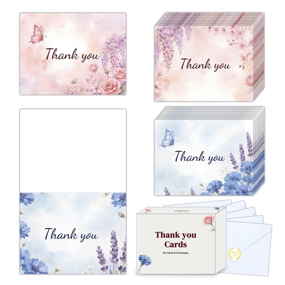 PMHZI 36 Thank You Cards Bulk 4x6 with Envelopes & Gold Stickers, 4 Floral Designs, Blank Inside