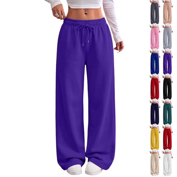 UDAUDU Women's Sweatpants Causal Drawstring Comfortable High Waist Y2K Baggy Straight Wide Leg Sweatpants with Pockets Purple L