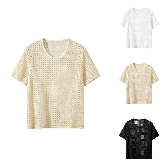 Mens Crochet Shirt Summer Lightweight Short Sleeve Loose Casual Crewneck Hollow out Knit T-Shirt Beach Shirts