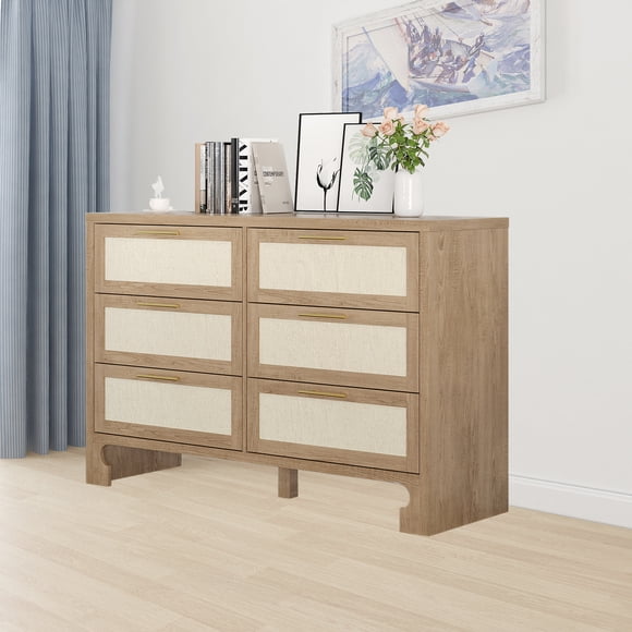 QinaQin Cómoda doble moderna de madera con 6 cajones y jaladeras doradas, ideal para recámara, clóset o entrada