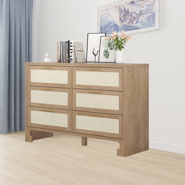 QinaQin Cómoda doble moderna de madera con 6 cajones y jaladeras doradas, ideal para recámara, clóset o entrada