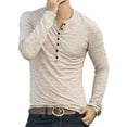 thumbnail image 4 of Haut Homme Col Rond Bouton Blouse Manches Longues T-shirt Homme Long Décontracté Coupe Ajustée T-shirt, Kaki, G, 4 of 5
