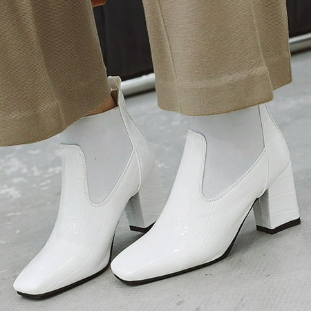

Womens Boots Fashion Women Square Heels Zipper Crocodile Pattern Short Boots Square Toe Shoes White 9 Boots for Women
