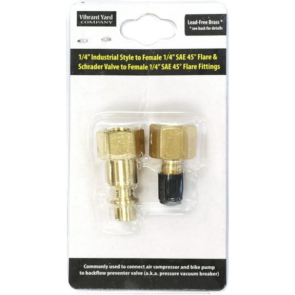 1/4" Industrial Style & Schrader Valve to 1/4" SAE 45-degree Flare Fittings | Adapters to Winterize Blow Out Backflow Preventer and Pressure Vacuum Breaker (PVB) for Sprinkler System, Lead-Free Brass