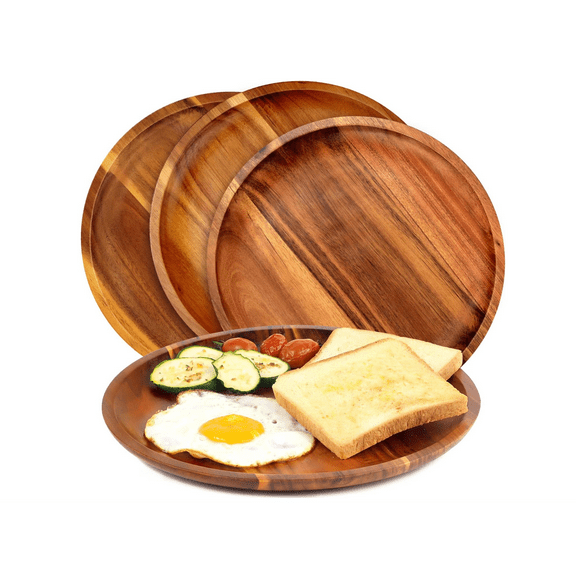 Wooden plates (set of 4-11inch) Dinner Plates, Acacia Round Wood Plates, Unbreakable Classic Plates, Easy Cleaning & Lightweight for Dishes Snack, Dessert, Housewarming, Christmas Gift
