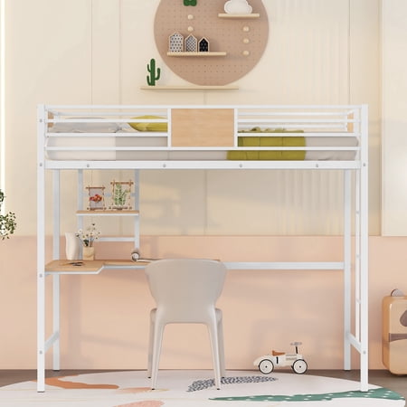 Metal Twin Loft Bed with Desk and Storage Shelves, Bed Frame with Ladder and Safety Guard Rails for Kids Teens Adults, No Box Spring Needed, Space-Saving, Noise Free(White)