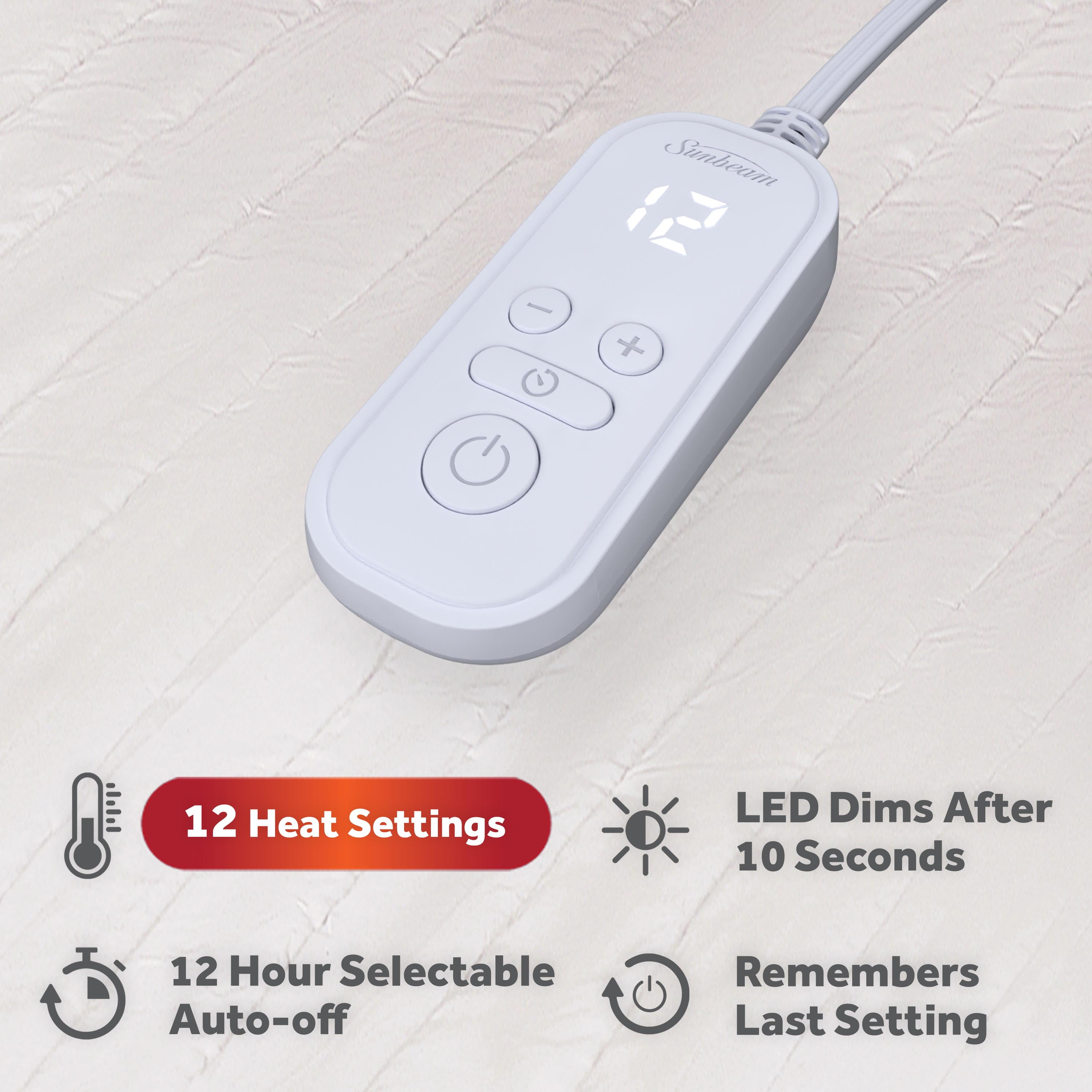 Surmatelas chauffant matelassé blanc Sunbeam pour lit jumeau, 12 réglages de chaleur, arrêt automatique, chauffage rapide, 99 cm x 190,5 cm (39 po x 75 po) SUNBEAM SB MPAD M1P TS