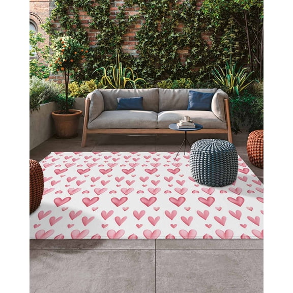Valentine's Day Outdoor Rug, Romantic Watercolor Pink Love Heart Large Outdoor Patio Area Rugs Non Slip Outside Floor Mat Carpet for Backyard/Deck/Porch/Balcony, 4x6 ft
