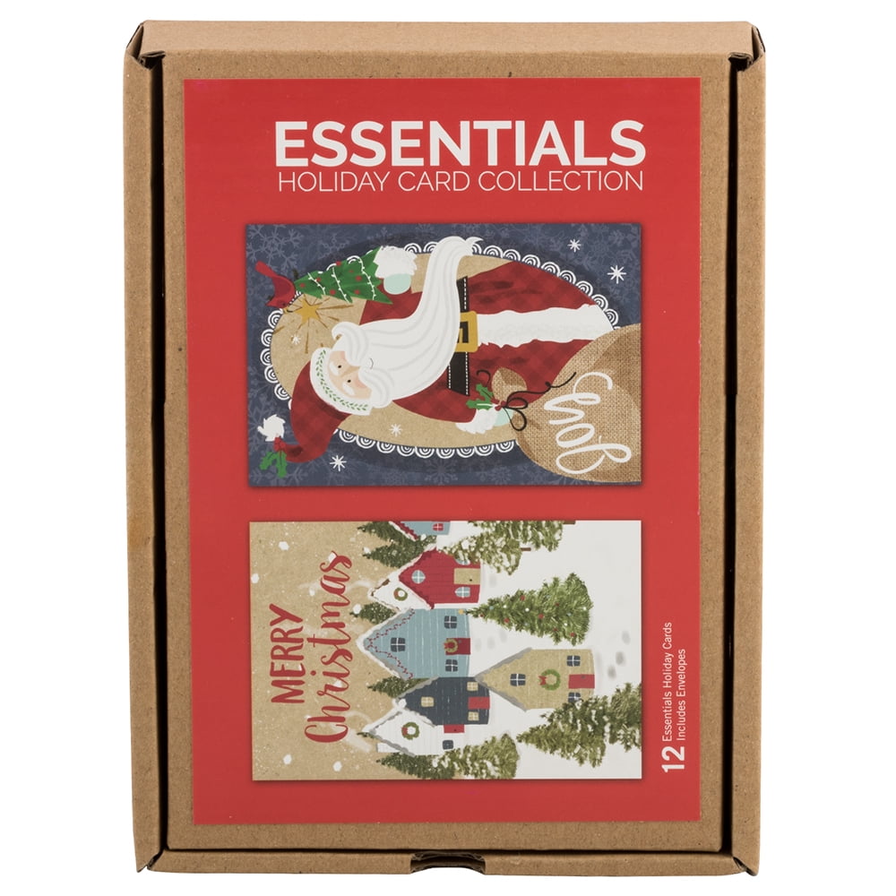 JAM Assorted Kraft Christmas Cards Set, Snowy Town & Happy Santa, 12