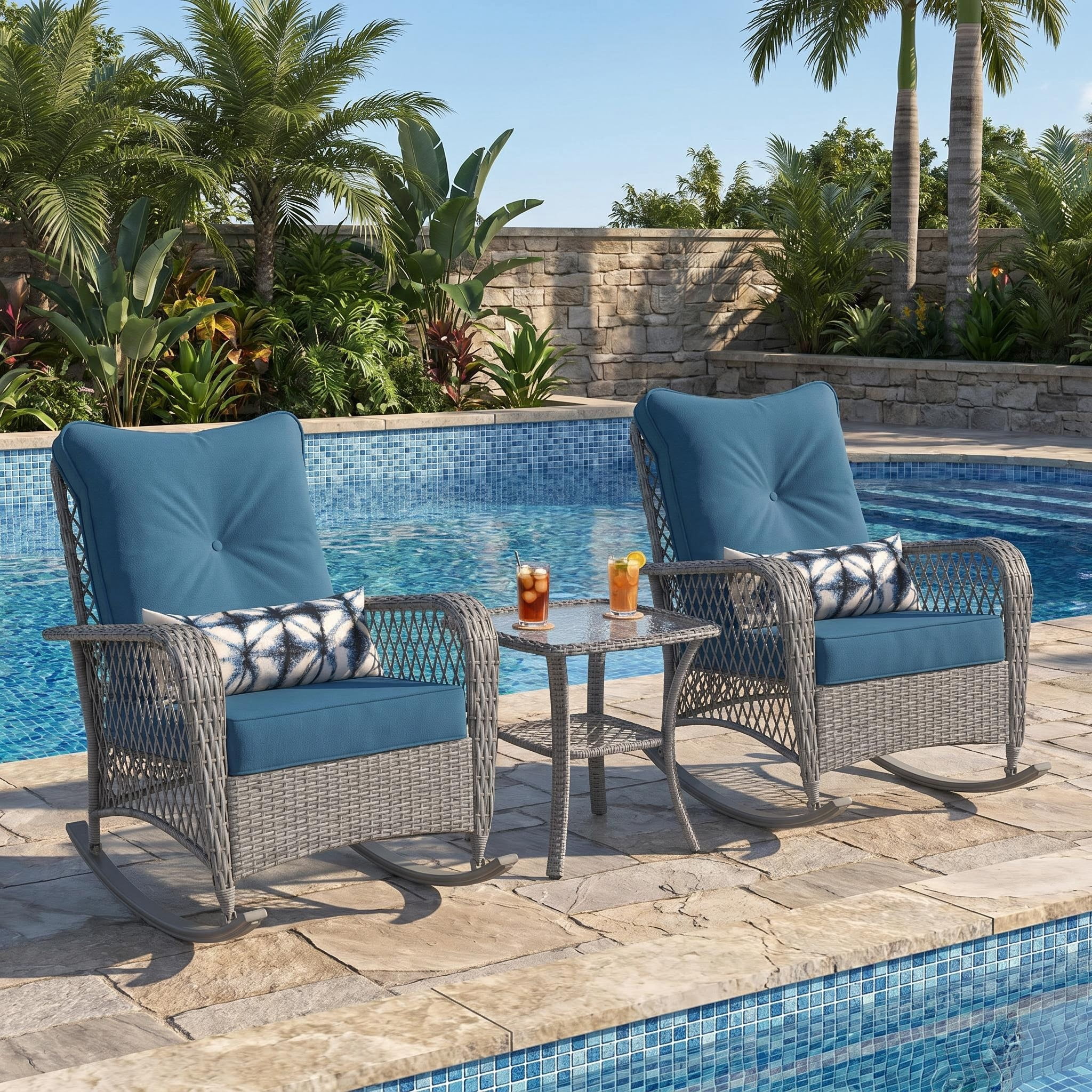 UDPATIO 3 Piece Patio Set Rocking, Rattan Outdoor Rocking Patio Bistro Set with 2 Rockers and 1 Side Table with 4‘’ Thick Cushions for Backyard, Porch, Balcony, Poolside(Blue)