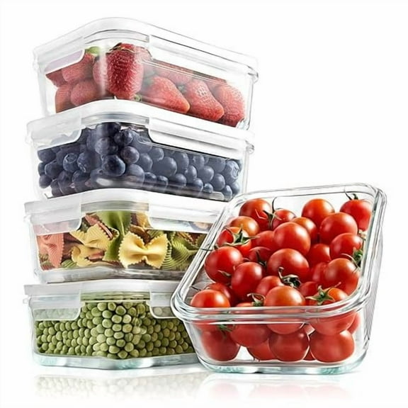 NutriChef Set of 5 Stackable Borosilicate Glass Food Storage Containers, 30 Oz