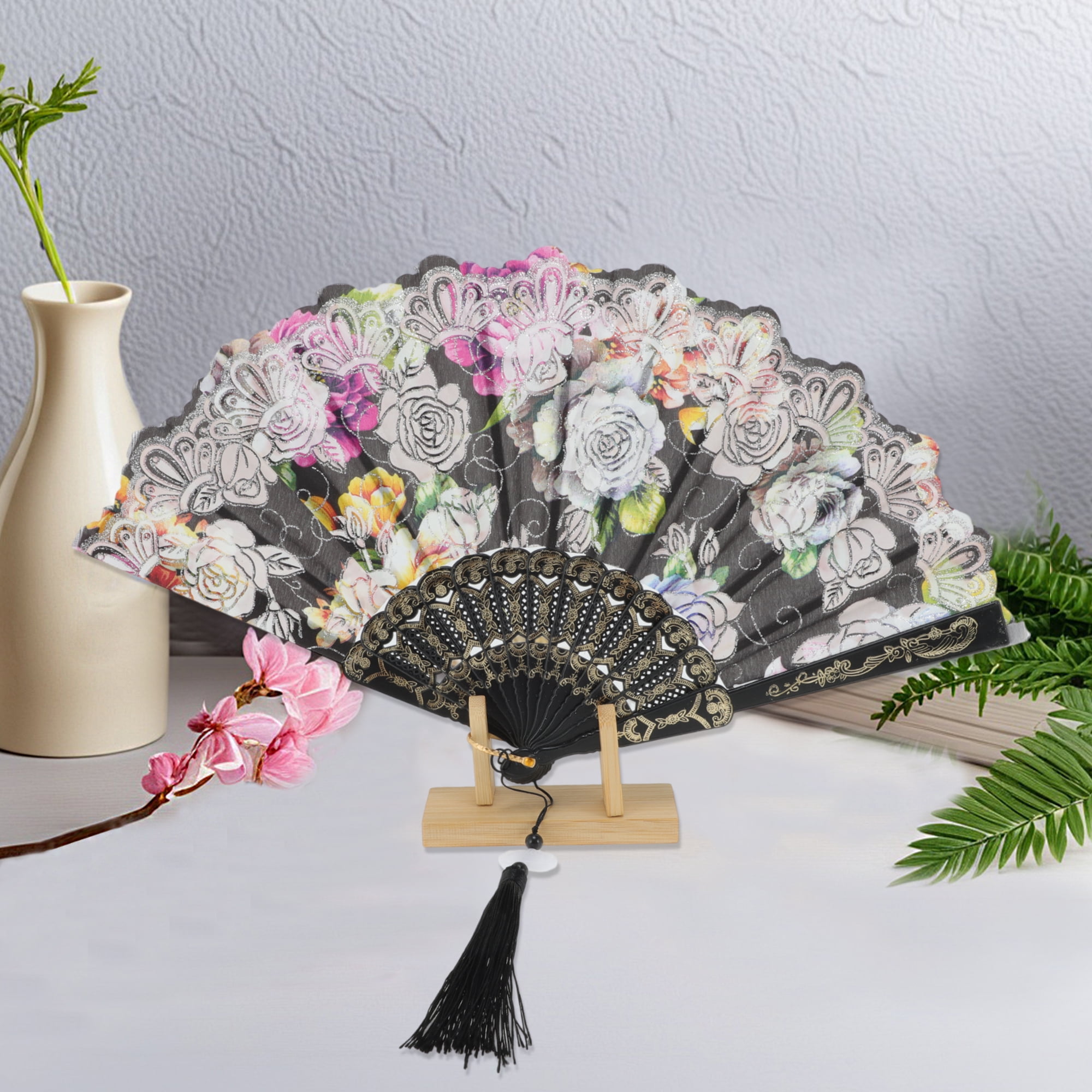Unique Bargains Rose Print With Tassel Folding Fan 1 Pc For Events Decorations Black