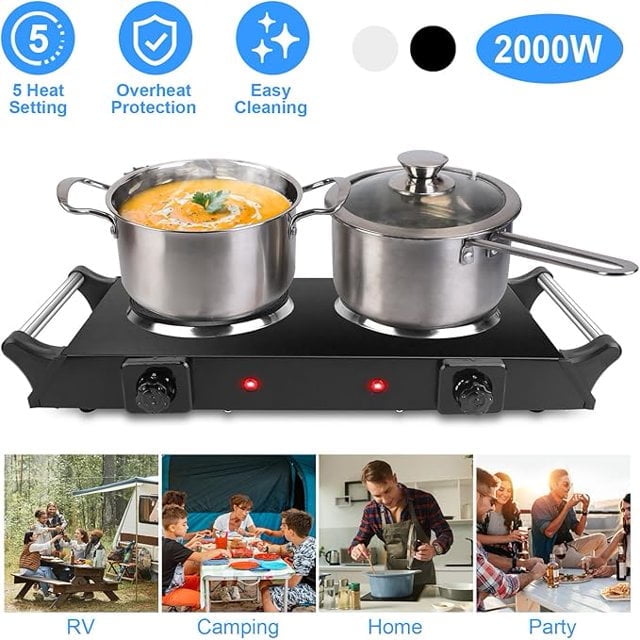 Electric Double Burner,2000W Hot Plate for Cooking,Electric Stove Burner, Dual Coil Portable Stove for Home Dorm Office Kitchen Camping, Electric Cooktop Compatible of All Cookware, Black