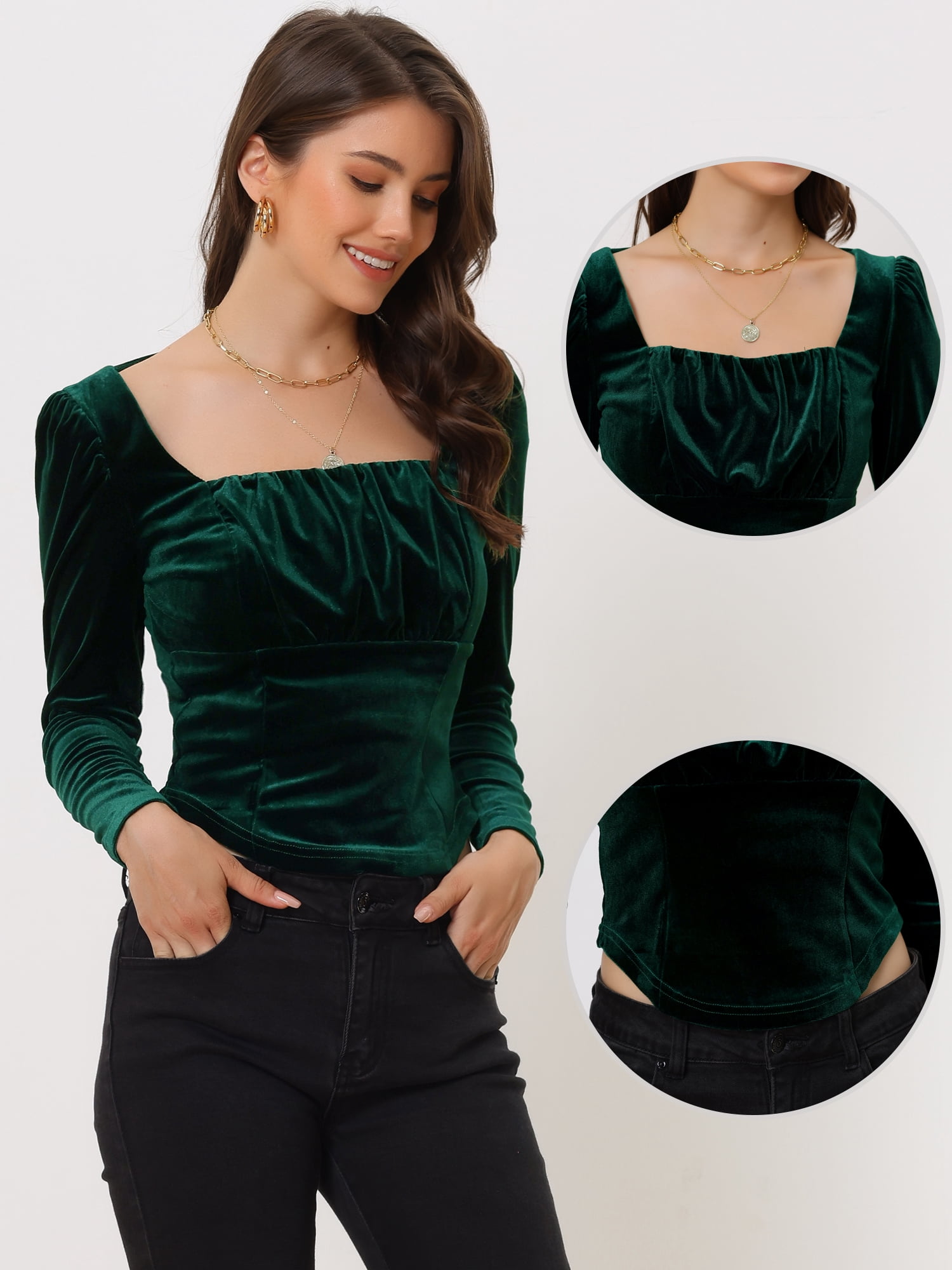 Long Sleeves Crop Tops for Women's Party Velvet Blouse Square Neck Top XL Dark Green