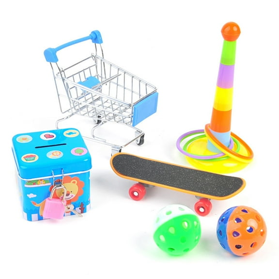 Ludlz 6PCS Parrot Toys , Mini Shopping Cart - Training Rings Skateboard Ball - Parrot Standing Training Toys Parrot Intelligence Toy for Budgie Parakeet Cockatiel Bird Toy Part