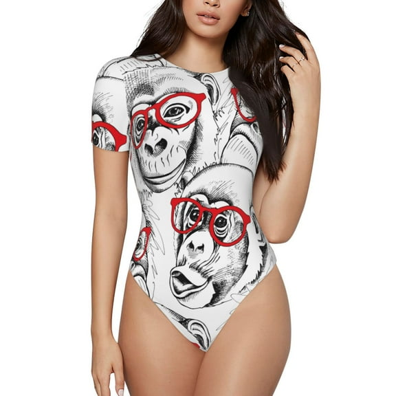 Kdxio Monkey for Women's Short-Sleeved Onesie Stylish Round Neck Pajamas Bodysuit Jumpsuit Nightwear-Small