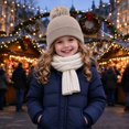 thumbnail image 6 of Cethrio Girls Pom Pom Beanie Hats, Warm Ribbed Knit Outdoor Soft Winter Hats Beige Size 2-12 Years, 6 of 7