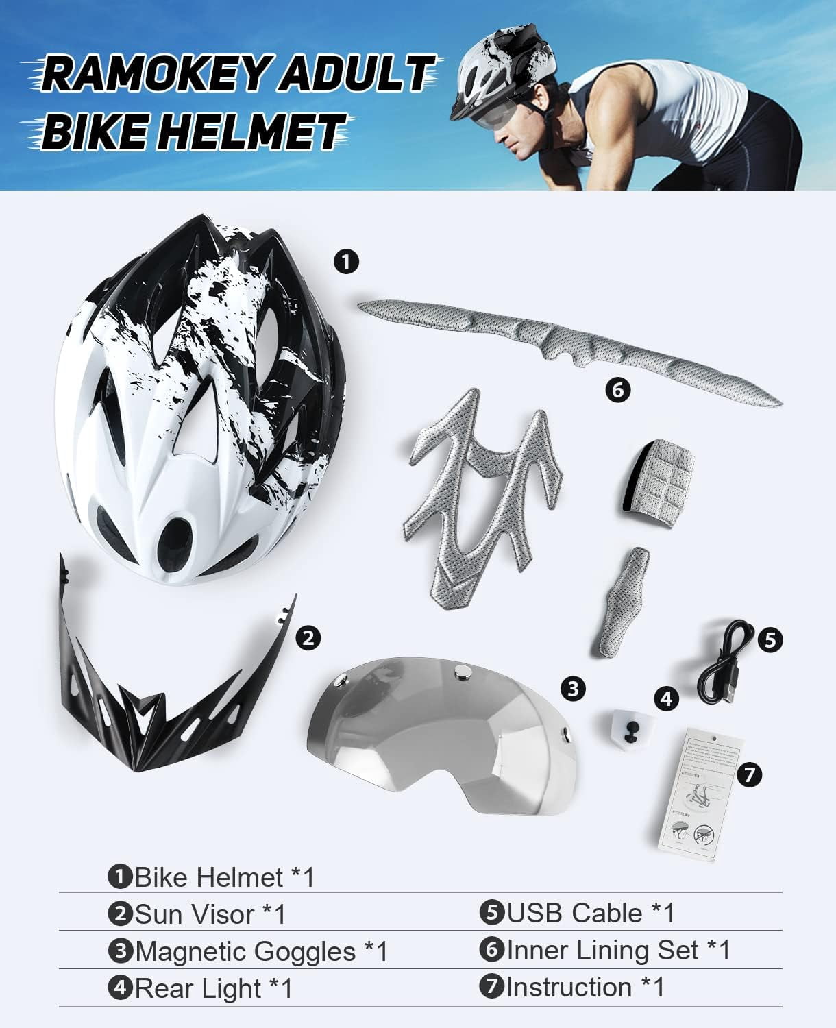 USB Rechargeable LED Light Cycling Helmet with Detachable Goggles and Sun Visor for Mountain & Road Biking