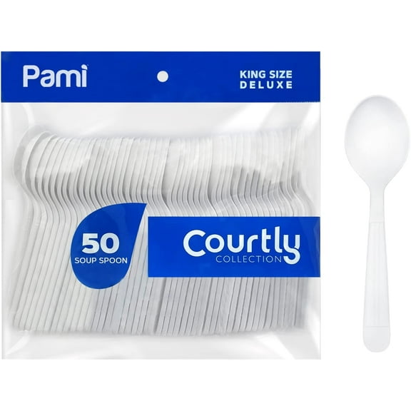PAMI Heavy Duty White Plastic Spoons Disposable, 50 Count Plastic Soup Spoons Plastic Cutlery Plastic Utensils Set
