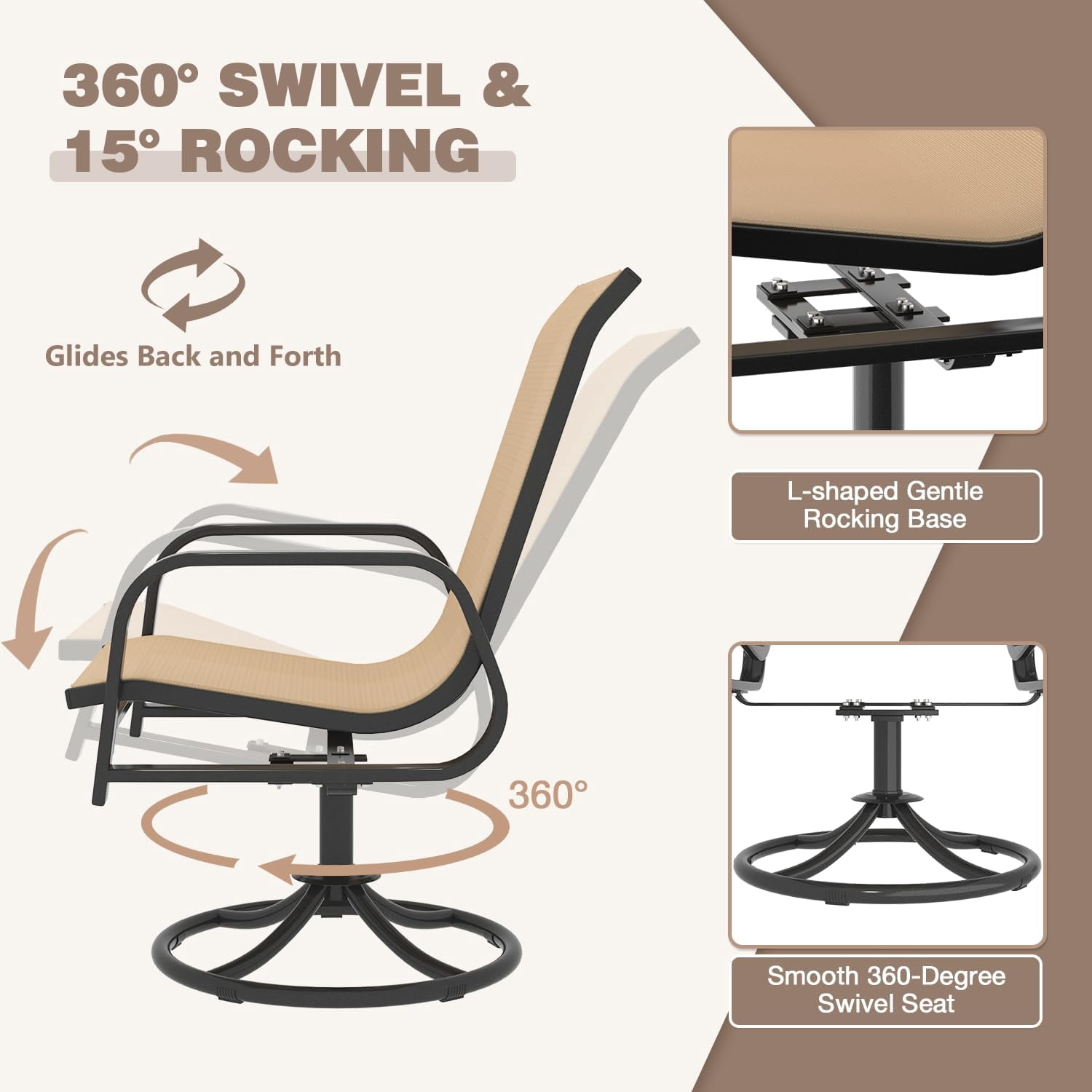 MELLCOM Patio Swivel Chair Set of 2, High Back Textilene Outdoor Dining Chairs with E-Coating Metal Frame, All-Weather Outdoor Furniture Rocker for Backyard, Porch, Garden, Lawn, Beige