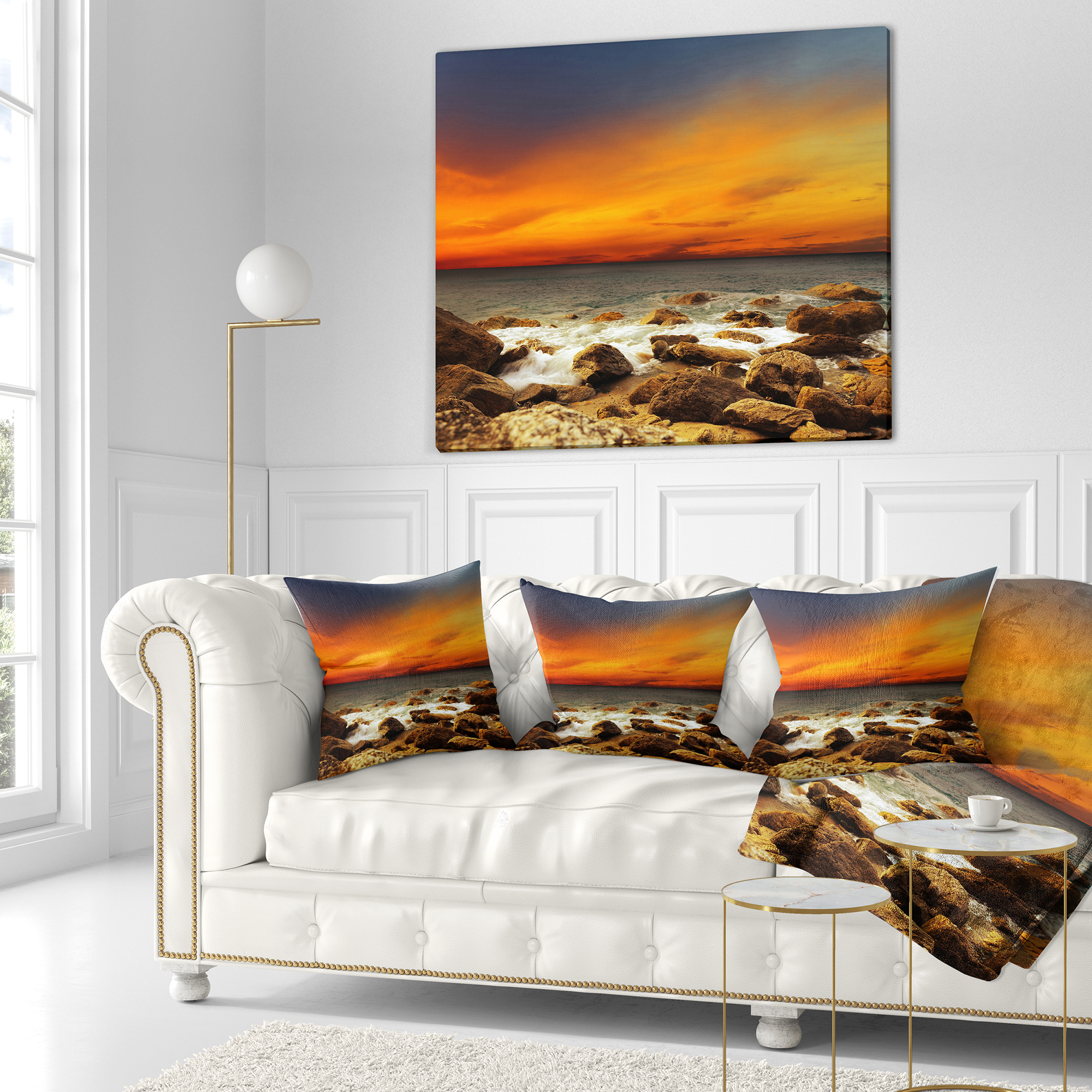 Designart Red Sky over Rocky Seashore - Beach Photography Throw Pillow - 18x18