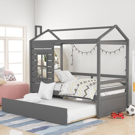 Gray Twin Size House Bed Wood Bed with Twin Size Trundle